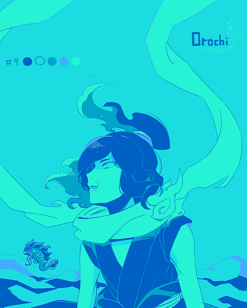 10s, 1boy, bad_id, bad_pixiv_id, bubble, character_name, color_guide, fish, gyakujouo, holding, holding_with_tail, japanese_clothes, knife, limited_palette, long_tongue, male_focus, monster_boy, open_mouth, orochi_(youkai_watch), prehensile_tail, romaji_text, sleeveless, solo, tail, tongue, tongue_out, underwater, upper_body, wa_(wakana), traditional_youkai, youkai_watch