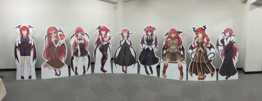 1girl, adapted_costume, alternate_costume, bat_wings, belt, boots, bow, bowtie, box, chata_maru_(irori_sabou), closed_eyes, cross-laced_footwear, demon_girl, demon_tail, demon_wings, double_v, dress, fumitsuki_(minaduki_6), grin, head_wings, heart-shaped_box, high_heels, highres, itou_yuuji, jacket, koakuma, kuresento, long_hair, long_sleeves, looking_at_viewer, maturiuta_sorato, multiple_views, mumumu, necktie, open_mouth, pantyhose, photo_(medium), red_eyes, red_hair, red_necktie, ryuuno_stadtfeld, satou_kibi, shirt, skirt, skirt_set, smile, tail, thighhighs, touhou, underbust, v, very_long_hair, vest, wings, yamu_(reverse_noise), yellow_eyes, zettai_ryouiki