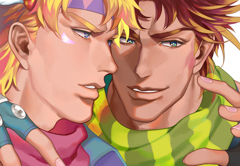 2boys, aqua_eyes, arm_around_neck, blonde_hair, blue_eyes, brown_hair, caesar_anthonio_zeppeli, facial_mark