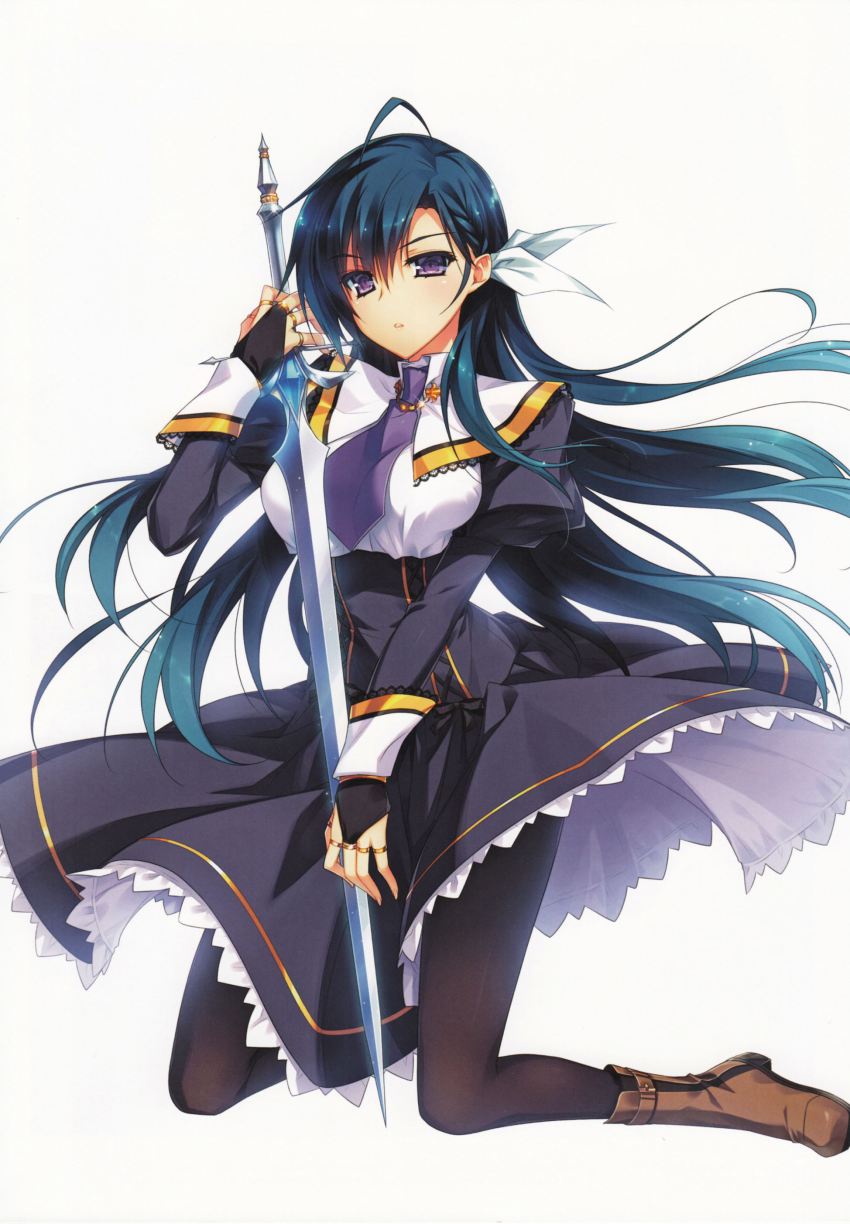 1girl, absurdres, ahoge, black_hair, black_pantyhose, boots, bridal_gauntlets, dress