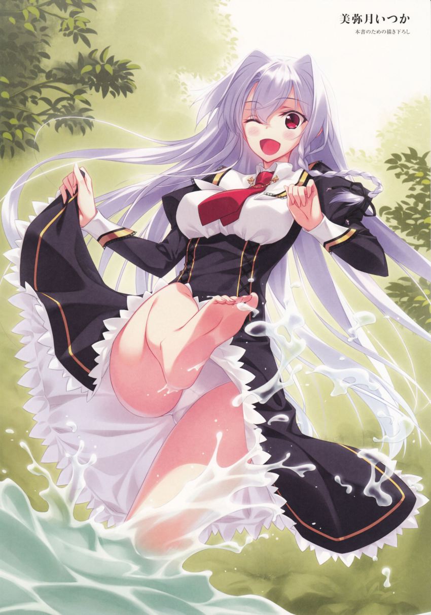 1girl, ;d, absurdres, artist_name, barefoot, blush, clothes_lift, dress