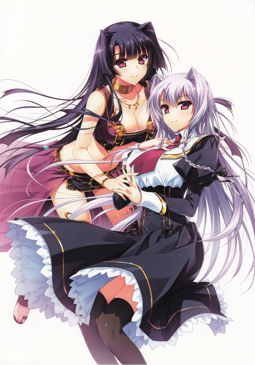 2girls, absurdres, black_hair, black_legwear, bracelet, braid, breasts, choker