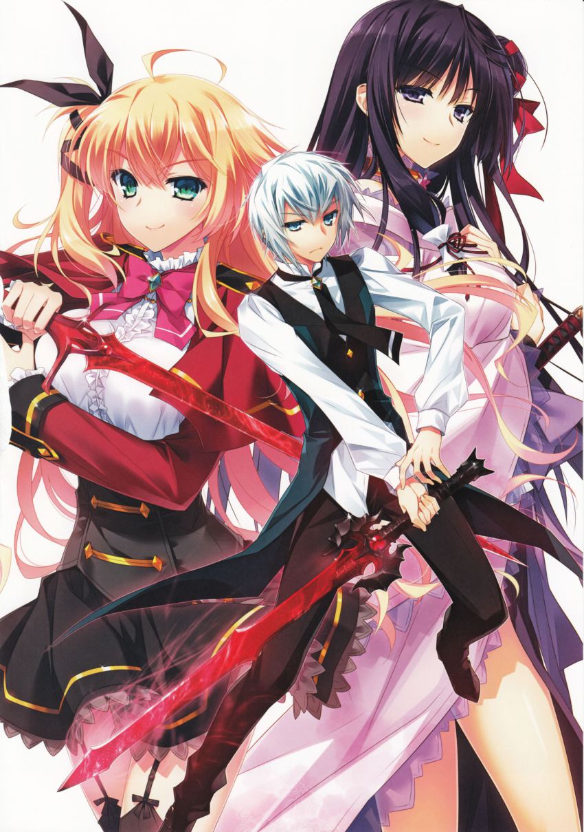 1boy, 2girls, absurdres, black_hair, blonde_hair, blue_eyes, breasts, frilled_kimono