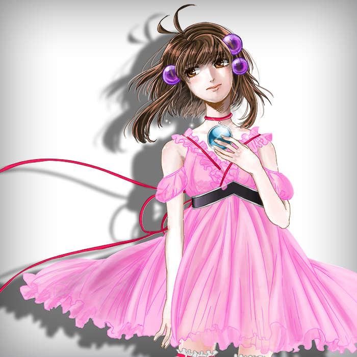 1girl, agehacat, ahoge, bare_shoulders, brown_eyes, brown_hair, choker, dress