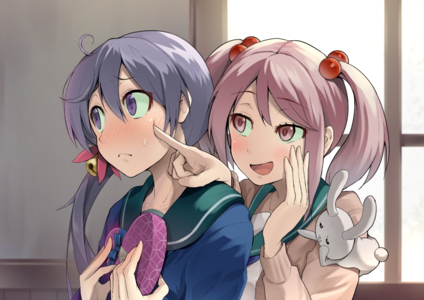 10s, 2girls, :3, ahoge, akebono_(kancolle), akebono_(valentine)_(kancolle), animal, animal_on_shoulder, bell, blush, box, cardigan, cheek_poking, female_focus, finger_to_cheek, flower, gift, gift_box, hair_bell, hair_bobbles, hair_flower, hair_intakes, hair_ornament, has_bad_revision, has_downscaled_revision, heart, hinami_(hinatamizu), holding, holding_gift, kantai_collection, long_hair, long_sleeves, md5_mismatch, multiple_girls, open_mouth, pink_eyes, pink_hair, poking, purple_eyes, purple_hair, rabbit, resolution_mismatch, ribbon, sazanami_(kancolle), school_uniform, serafuku, side_ponytail, smile, source_smaller, twintails, upper_body, valentine, window, yuri