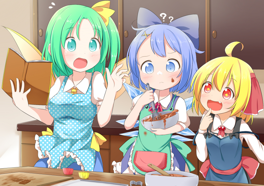 >:<, +_+, 3girls, :<, :d, ?, ??, ahoge, apron, blue_eyes, blue_hair, blush, book, bow, bowl, breasts, chocolate, chocolate_on_face, cirno, closed_mouth, cocked_eyebrow, confused, cookbook, cookie_cutter, cooking, cream, cream_on_face, d:, daiyousei, fairy_wings, fang, flat_chest, flying_sweatdrops, food, food_on_face, forehead, frog_apron, green_eyes, green_hair, hair_bow, hair_ornament, hairclip, heart, highres, ice, ice_wings, makuran, mixing_bowl, multiple_girls, open_mouth, pocket, pointing, pointing_at_self, rumia, sash, side_ponytail, smile, surprised, team_9_(touhou), touhou, v-shaped_eyebrows, valentine, whisk, wings