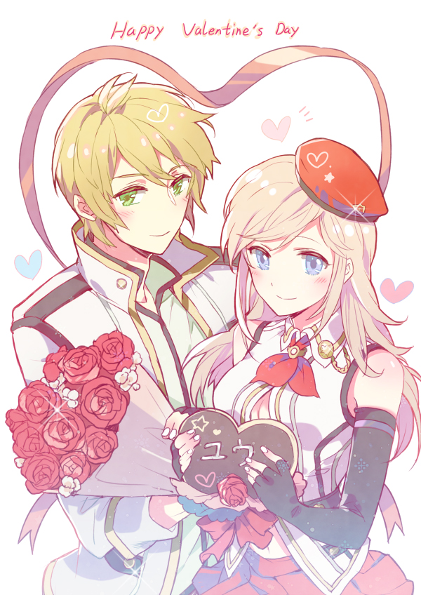 10s, 1boy, 1girl, alisa_ilinichina_amiella, black_footwear, blonde_hair, blue_eyes, blush, boots, bouquet, newsboy_cap, candy, chocolate, chocolate_heart, elbow_gloves, fingerless_gloves, flower, food, gloves, god_eater, god_eater_2:_rage_burst, green_eyes, happy_valentine, hat, heart, idun, kannagi_yuu_(god_eater), long_hair, looking_at_viewer, navel, pantyhose, player_(god_eater_burst), red_flower, red_rose, rose, short_hair, silver_hair, skirt, smile, suspender_skirt, suspenders, thigh_boots, thighhighs, valentine