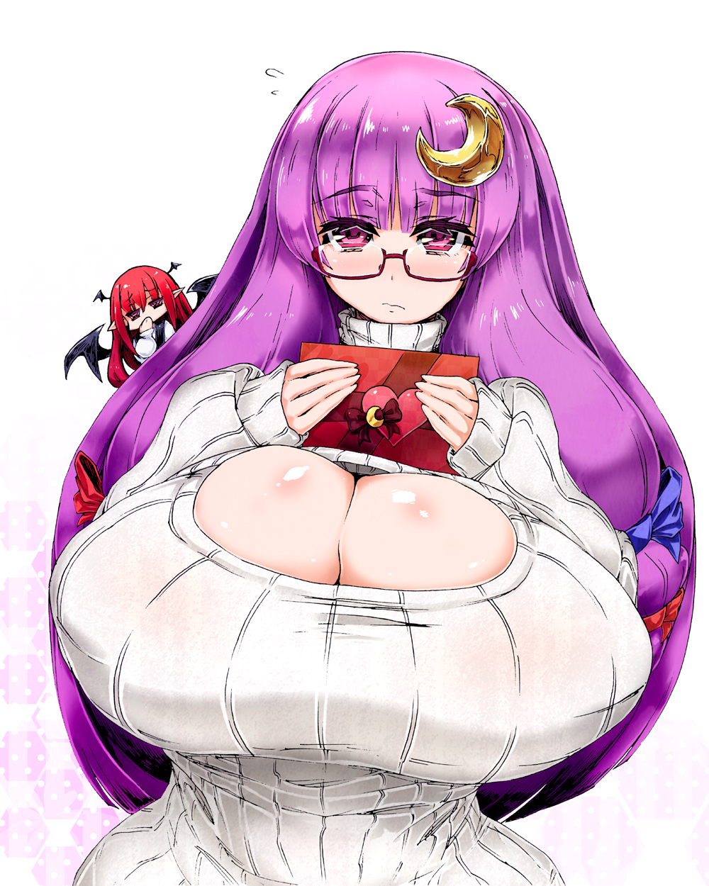2girls, bespectacled, breasts, cleavage, flying_sweatdrops, gigantic_breasts, glasses, hair_ornament