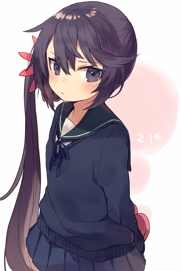>:<, 10s, 1girl, :<, akebono_(kancolle), akebono_(valentine)_(kancolle), bell, blush