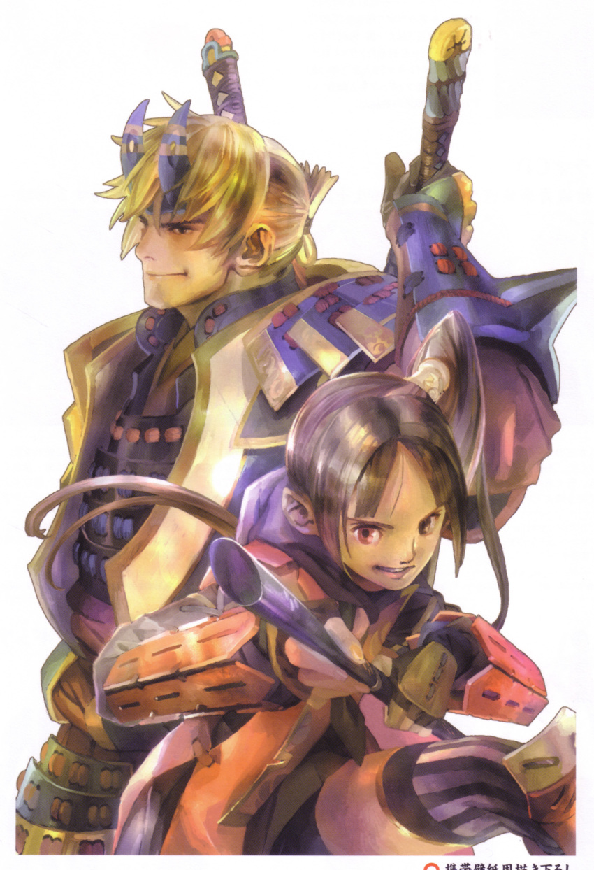 1boy, 1girl, absurdres, armor, blonde_hair, capcom, headband, highres
