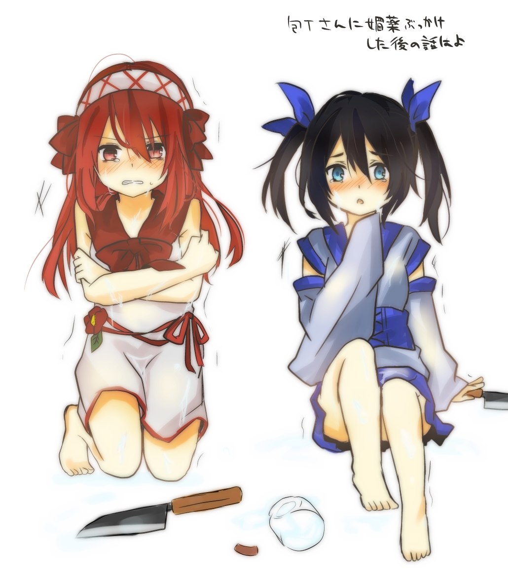 2girls, bannou_houchou-san, barefoot, black_hair, blue_eyes, blush, hair_ornament, hair_ribbon