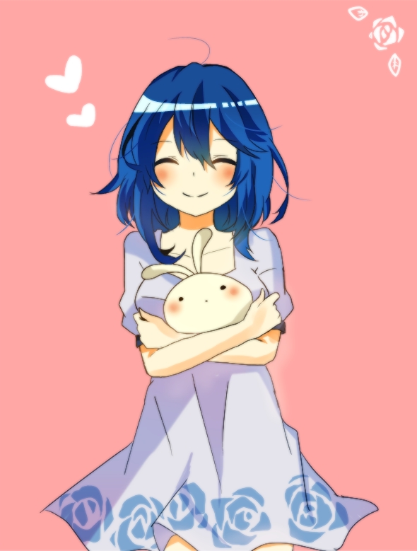 1girl, blue_hair, blush, collarbone, cowboy_shot, dress, female_focus, heart