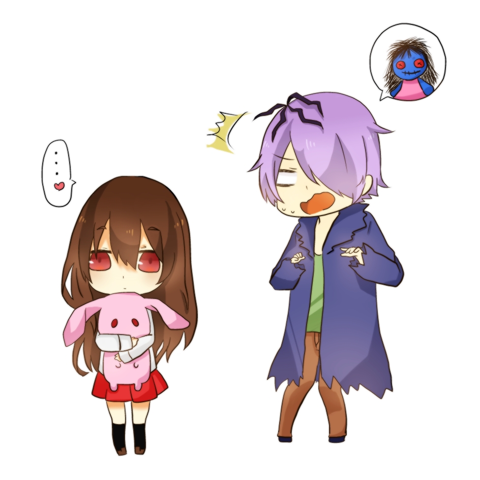 ..., 1boy, 1girl, ^^^, brown_hair, chibi, garry_(ib), heart, ib_(ib), ib_(kouri), open_mouth, purple_hair, red_eyes, sidelocks, simple_background, skirt, spoken_heart, stuffed_animal, stuffed_rabbit, stuffed_toy, sweatdrop, white_background, yuzukor
