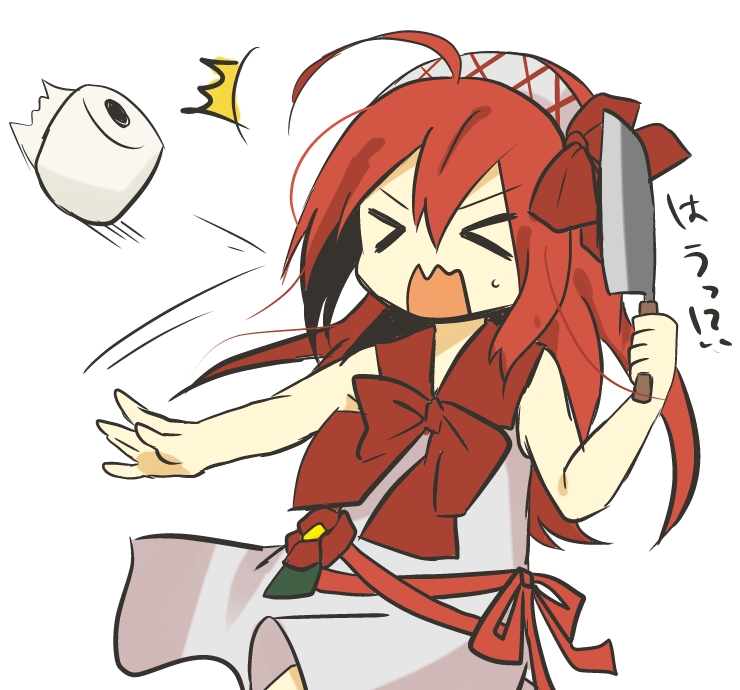 >_<, 1girl, ^^^, ahoge, bannou_houchou-san, closed_eyes, female_focus, hair_ribbon, hairband, houchou-san_no_uwasa, knife, rolled-up_paper, red_hair, ribbon, sidelocks, simple_background, solo, surprised, sweatdrop, toilet_paper, translated, white_background, yuzukor