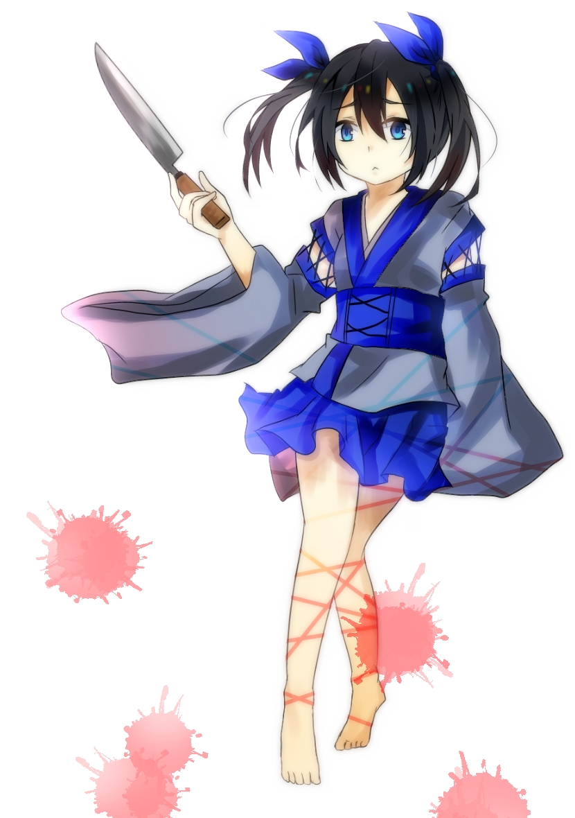 1girl, :<, barefoot, black_hair, blood, blood_splatter, blue_eyes, female_focus
