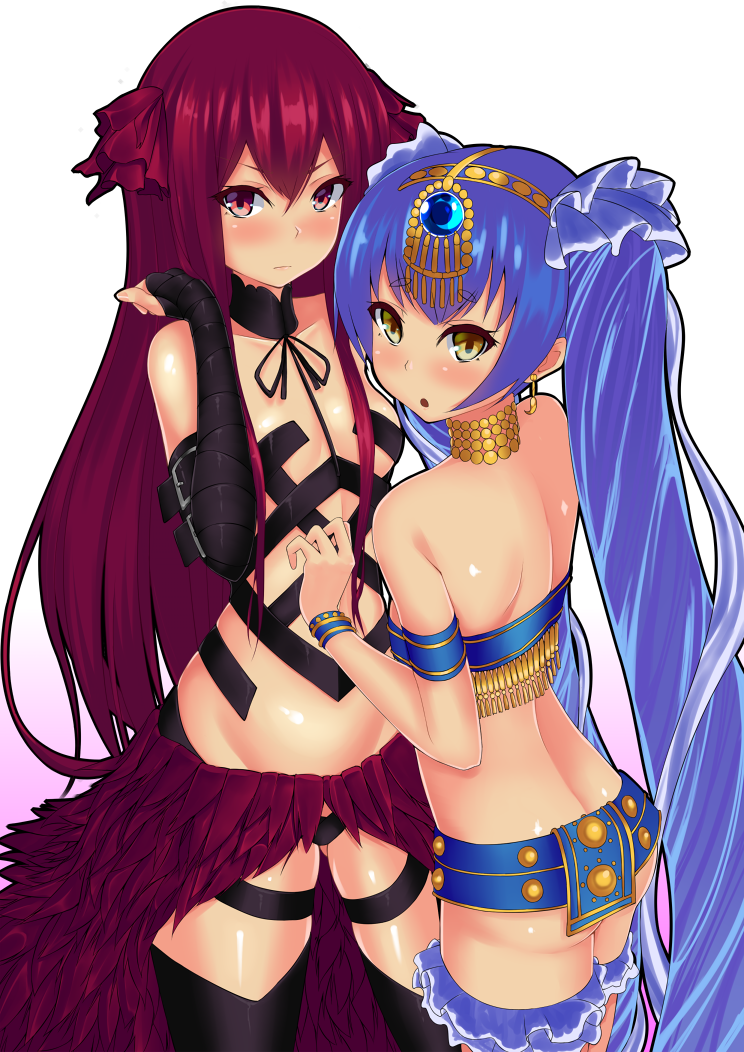 2girls, :o, arm_strap, arm_wrap, armband, ass, back, bandeau, bare_shoulders, belt, black_legwear, blue_hair, blue_skirt, blush, bracelet, breasts, buckle, closed_mouth, coin_(ornament), collarbone, cowboy_shot, cybele_(lord_of_vermilion), detached_collar, earrings, embarrassed, eyelashes, feathers, frilled_thigh_strap, frills, fringe_trim, from_above, from_side, frown, gem, gluteal_fold, gradient_background, groin, hair_between_eyes, hair_ornament, hair_ribbon, hairband, headdress, hip_focus, i_oka_lov, jewelry, legs_apart, loli, long_hair, looking_at_viewer, looking_back, lord_of_vermilion, lord_of_vermilion_iii, microskirt, mole, mole_under_eye, multiple_girls, neck_ribbon, neck_ring, open_mouth, parted_bangs, purple_eyes, purple_hair, red_eyes, red_hair, revealing_clothes, ribbon, shiny_skin, short_eyebrows, showgirl_skirt, sidelocks, skirt, small_breasts, standing, strapless, surprised, thigh_strap, thighhighs, tube_top, twintails, varuna_(lord_of_vermilion), very_long_hair, white_background, wrist_cuffs, yellow_eyes