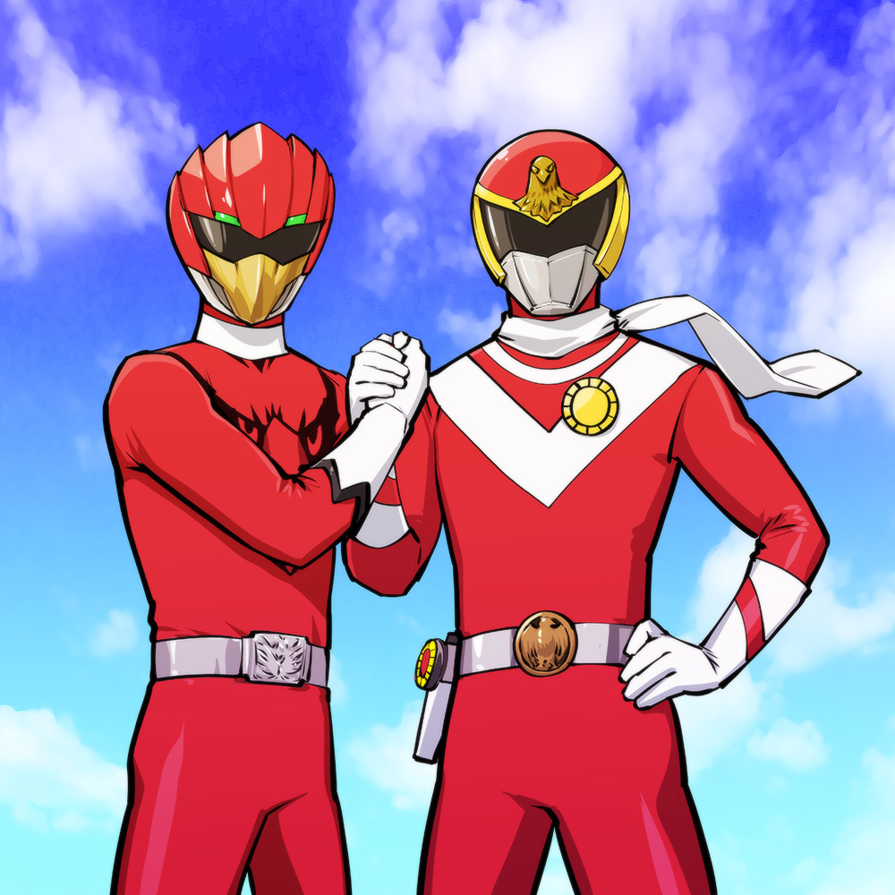 2boys, belt, cloud, crossover, day, doubutsu_sentai_zyuohger, gloves, hand_on_own_hip