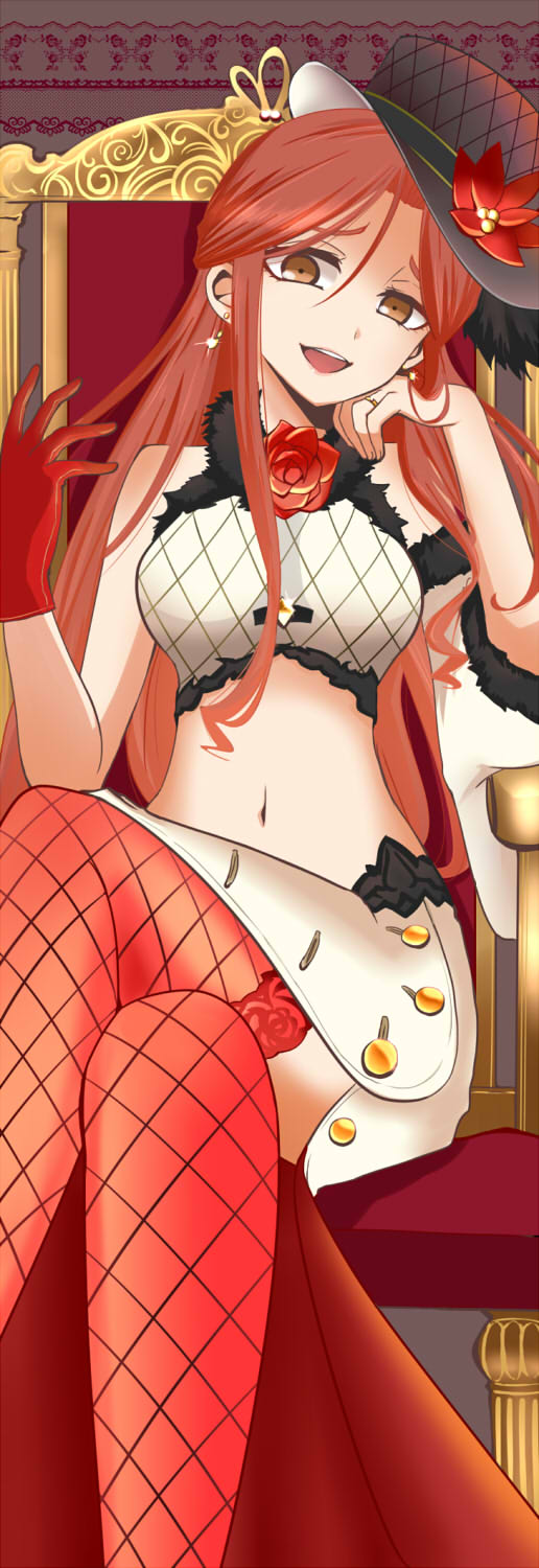 10s, 1girl, bare_shoulders, brown_eyes, crossed_legs, earrings, female_focus, flower, gloves, haru_(kerokero-suwako), hat, head_on_hand, highres, idolmaster, idolmaster_cinderella_girls, jewelry, lace, lace-trimmed_legwear, lace_trim, long_hair, looking_at_viewer, midriff, navel, on_throne, open_mouth, red_hair, ring, single_glove, sitting, skirt, smirk, solo, thighhighs, throne, zaizen_tokiko