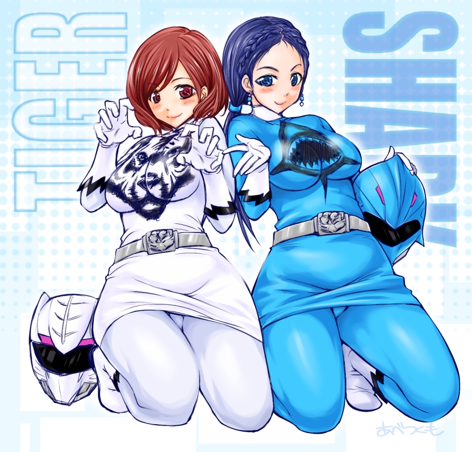 2girls, abe_tsukumo, amu_(doubutsu_sentai_zyuohger), animification, belt, black_eyes, blush, braid, brown_eyes, brown_hair, doubutsu_sentai_zyuohger, earrings, english_text, gloves, helmet, jewelry, kneeling, long_hair, looking_at_viewer, multiple_girls, purple_hair, sera_(doubutsu_sentai_zyuohger), short_hair, smile, super_sentai, zyuoh_shark, zyuoh_tiger