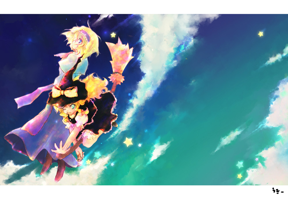 2girls, alice_margatroid, bad_id, bad_pixiv_id, blonde_hair, blue_eyes, broom, broom_riding