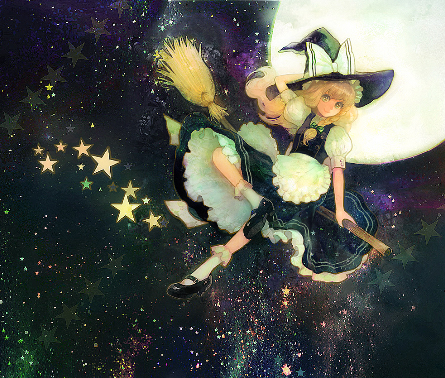 1girl, blonde_hair, broom, broom_riding, female_focus, flying, full_moon, hat