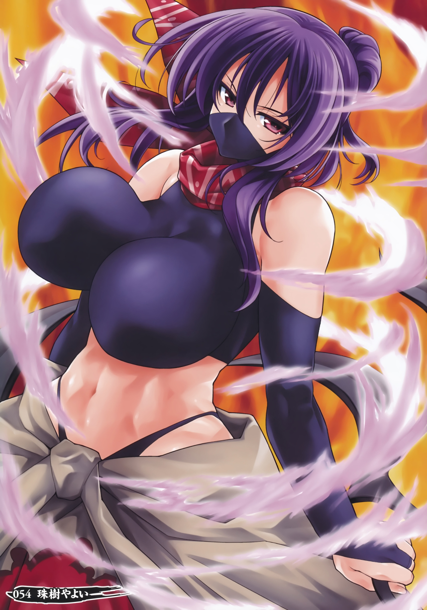 10s, 1girl, absurdres, bare_shoulders, bouncing_breasts, breasts, bridal_gauntlets, elbow_gloves, female_focus, gloves, highres, huge_breasts, large_breasts, long_hair, looking_at_viewer, mask, midriff, mouth_mask, navel, ninja, ninja_mask, purple_eyes, purple_hair, red_eyes, rin_(senran_kagura), scarf, senran_kagura, solo, yamaguchi_homupe