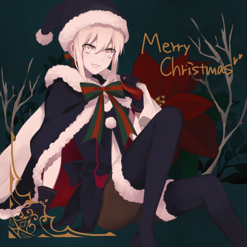 1girl, :d, artoria_pendragon_(fate), black_pantyhose, blonde_hair, cape, christmas, english_text