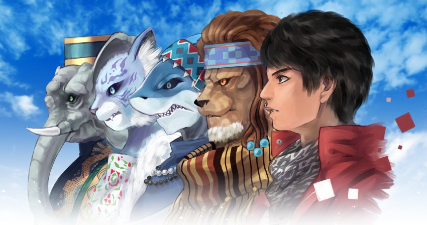 5boys, amu_(doubutsu_sentai_zyuohger), doubutsu_sentai_zyuohger, elephant, kazakiri_yamato, leo_(doubutsu_sentai_zyuohger), lion, multiple_boys, naokado, outdoors, sera_(doubutsu_sentai_zyuohger), shark, sky, super_sentai, tiger, tusk_(doubutsu_sentai_zyuohger)