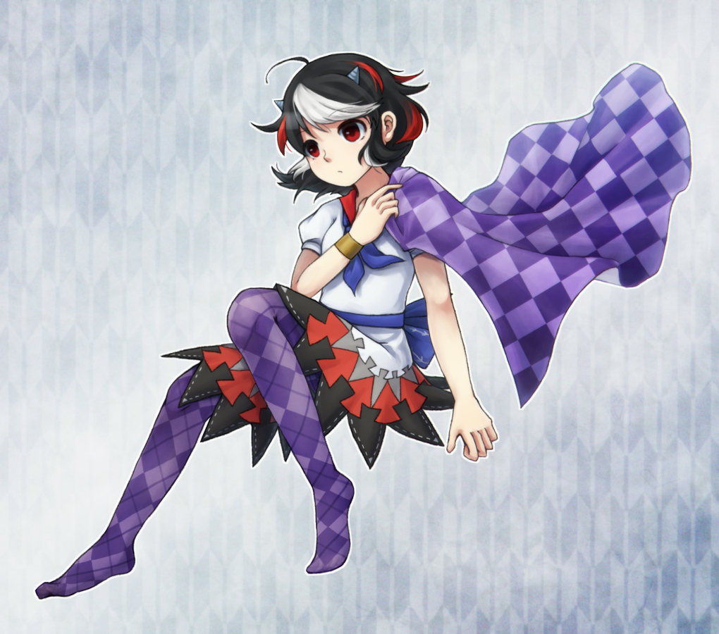 1girl, argyle_clothes, argyle_pantyhose, black_hair, bracelet, cone_horns, dress, female_focus