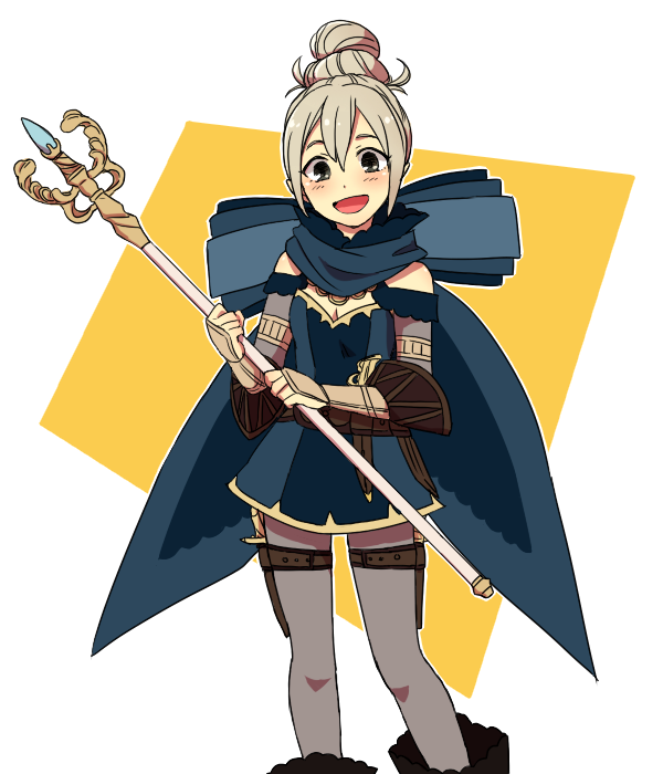 1girl, 31sgic, alternate_costume, blush, bow, dagger, female_focus, fire_emblem, fire_emblem_fates, hair_bun, female_kana_(fire_emblem), knife, nintendo, open_mouth, pantyhose, single_hair_bun, solo, staff, weapon, white_background, white_hair