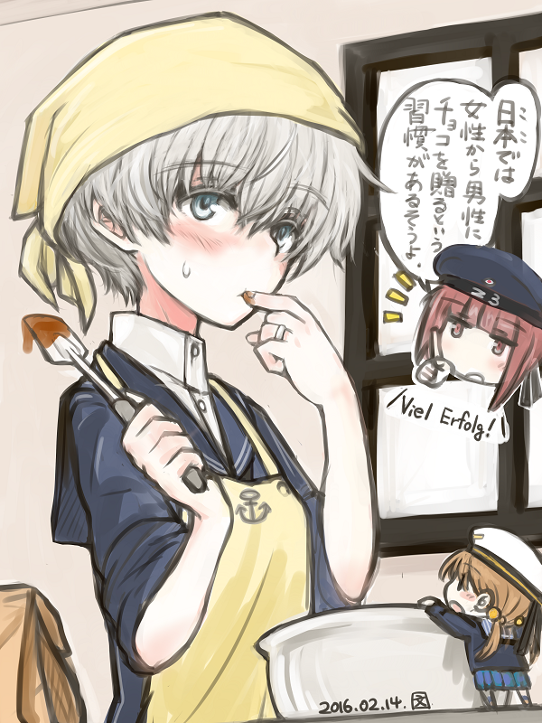 10s, 12.7cm_single_gun_mount, 1girl, alternate_headwear, apron, blue_eyes, blush, brown_eyes, brown_hair, bun'ya_(0874cirno141), bun-ya_(0874cirno141), chocolate, dress, fairy_(kancolle), finger_in_own_mouth, finger_to_mouth, hat, indoors, jewelry, kantai_collection, mixing_bowl, ring, sailor_dress, sailor_hat, short_hair, silver_hair, sleeves_rolled_up, spoon, sweatdrop, tasting, tenugui, valentine, z1_leberecht_maass_(kancolle), z3_max_schultz_(kancolle)