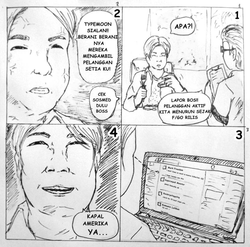 2boys, 4koma, anger_vein, comic, computer, demon, greyscale, grin