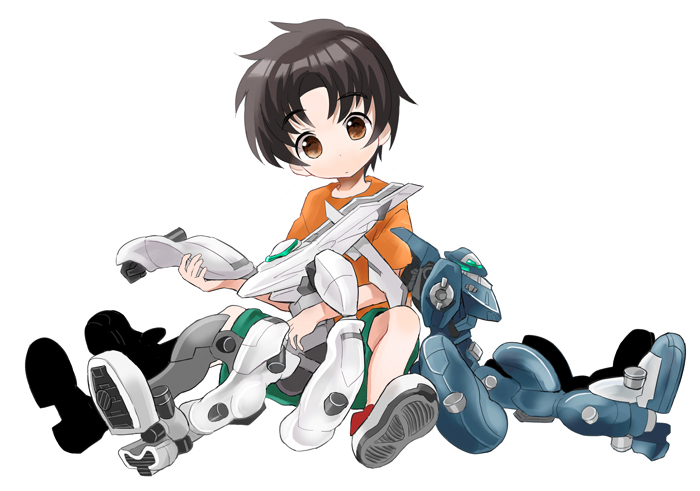 10s, 1boy, aged_down, black_hair, brown_eyes, character_doll, doll, makabe_kazuki, mark_elf, mark_sein, mecha, orange_skirt, robot, sakaki_tsui, shirt, short_hair, shorts, sitting, skirt, soukyuu_no_fafner, t-shirt