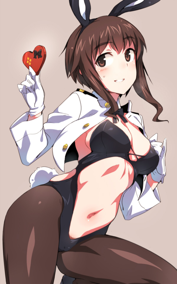 1girl, animal_ears, black_pantyhose, blush, box, breasts, brown_eyes, brown_hair
