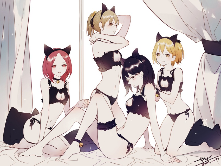 10s, 4girls, :d, alternate_costume, animal_ears, ankle_ribbon, arm_support, arms_up, barefoot, bell, black_eyes, black_hair, black_panties, blonde_hair, blush, breasts, brown_eyes, cat-shaped_pillow, cat_cutout, cat_ear_panties, cat_ears, cat_lingerie, choker, cleavage, cleavage_cutout, closed_mouth, clothing_cutout, collarbone, curtains, dated, frilled_thigh_strap, frills, glasses, haikyuu!!, hair_bell, hair_ornament, hair_ribbon, hairband, indoors, jingle_bell, kneeling, leg_ribbon, looking_at_viewer, multiple_girls, navel, neck_bell, one_side_up, open_mouth, panties, parted_bangs, parted_lips, ponytail, profile, red_eyes, red_hair, ribbon, rimless_eyewear, shimizu_kiyoko, shirofuku_yukie, short_hair, side-tie_panties, signature, sitting, small_breasts, smile, star_(symbol), star_hair_ornament, stomach, suzumeda_kaori, thigh_strap, underwear, underwear_only, wrist_cuffs, yachi_hitoka, yasai_(getsu), yellow_eyes