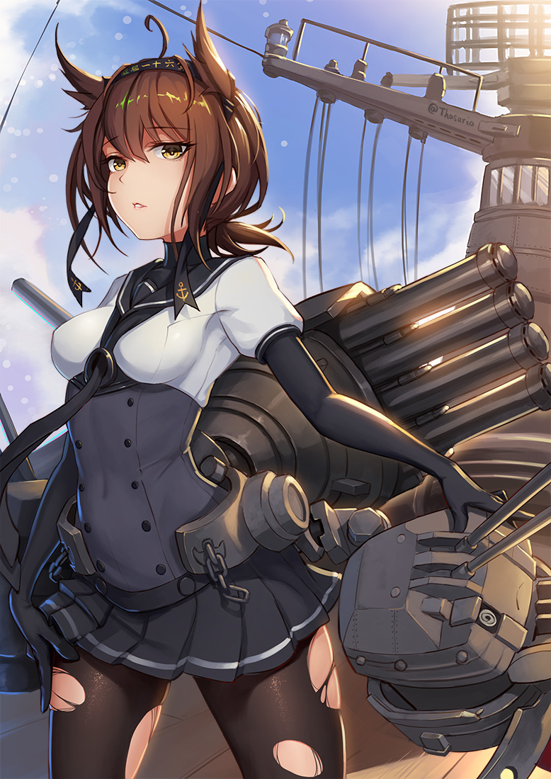 10s, 1girl, anchor_symbol, backlighting, black_gloves, black_pantyhose, black_skirt, blue_sky