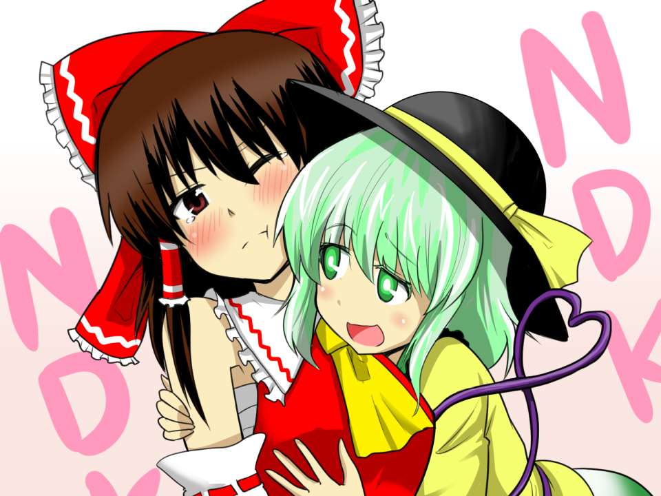 2girls, :t, akumatokeiyaku, ascot, bare_shoulders, blush, bow, brown_eyes, brown_hair, detached_sleeves, green_eyes, green_hair, hair_bow, hair_tubes, hakurei_reimu, hat, heart, heart_of_string, hug, komeiji_koishi, multiple_girls, one_eye_closed, open_mouth, sarashi, sidelocks, skirt, smile, tears, touhou, upper_body, yuri