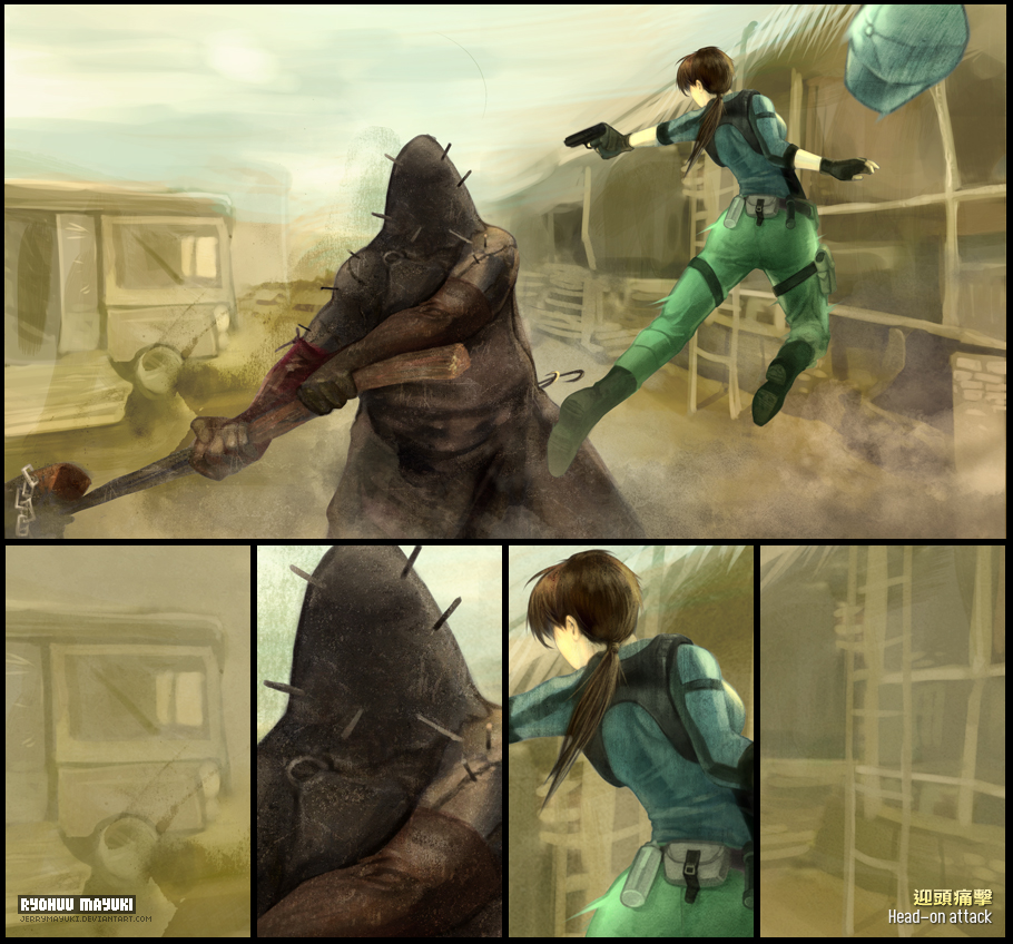 1girl, breasts, brown_hair, executioner_majini, fingerless_gloves, gloves, gun, jill_valentine