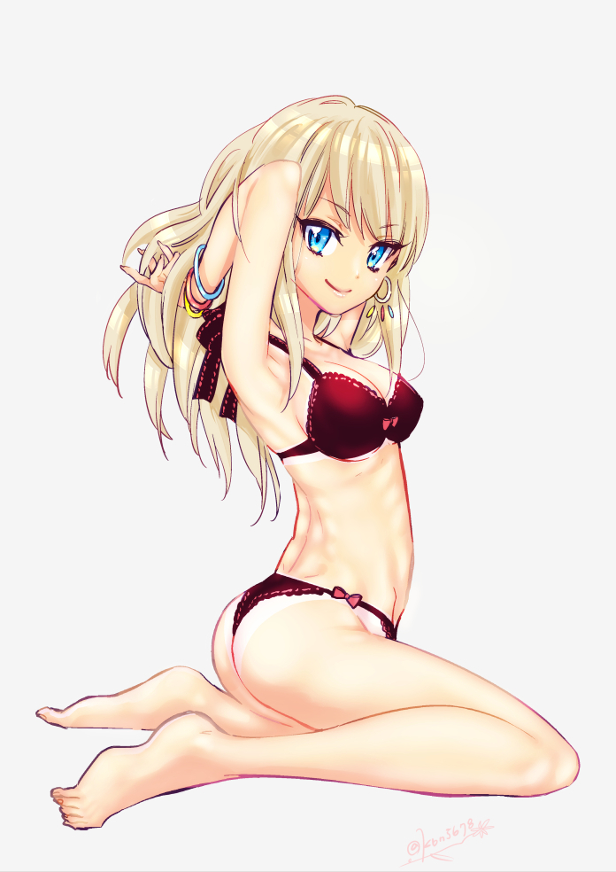 1girl, alessandra_susu, armpits, arms_behind_head, arms_up, ass, back, barefoot, bikini, bikini_tan, black_bikini, blonde_hair, blue_eyes, blush, bow, bow_bikini, bracelet, breasts, cleavage, closed_mouth, dimples_of_venus, earrings, eyebrows, feet, female_focus, fingernails, from_side, full_body, grey_background, hand_in_own_hair, hoop_earrings, jewelry, kneeling, lace, lace-trimmed_bikini, lace_trim, light_smile, long_fingernails, long_hair, looking_at_viewer, looking_back, matatabi_kikuno, navel, pink_bow, ribbon-trimmed_bikini, ribbon_trim, ribs, sideboob, simple_background, sitting, smile, solo, swimsuit, tan, tanline, thong, thong_bikini, tokyo_7th_sisters, twitter_username, underboob, wariza