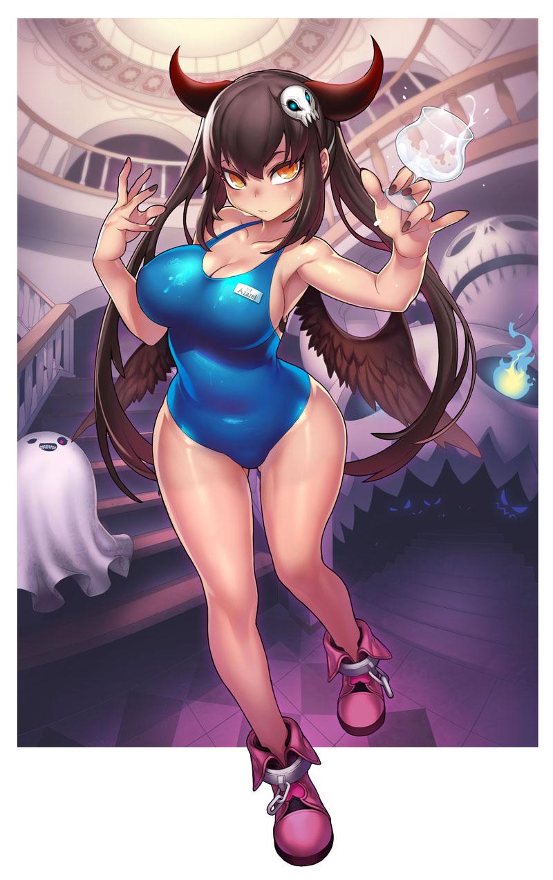 1girl, azazel_(azazel-san), bad_id, bad_twitter_id, black_hair, black_nails, black_wings, blue_one-piece_swimsuit