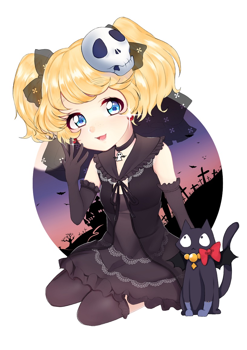 1girl, blonde_hair, blue_eyes, blush, cat, dress, earrings, elbow_gloves