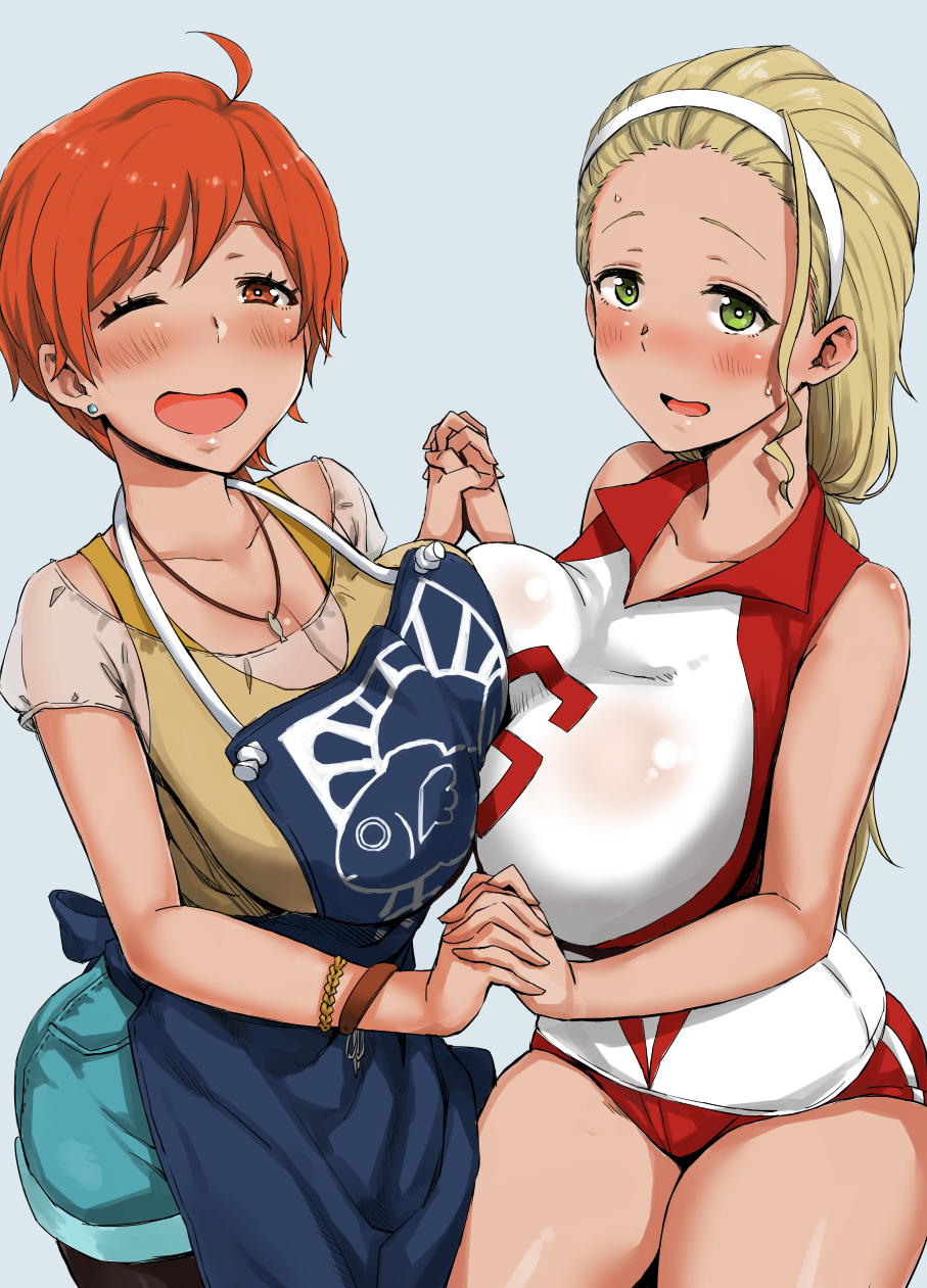 10s, 2girls, ;d, apron, bare_shoulders, blonde_hair, blush, breast_press