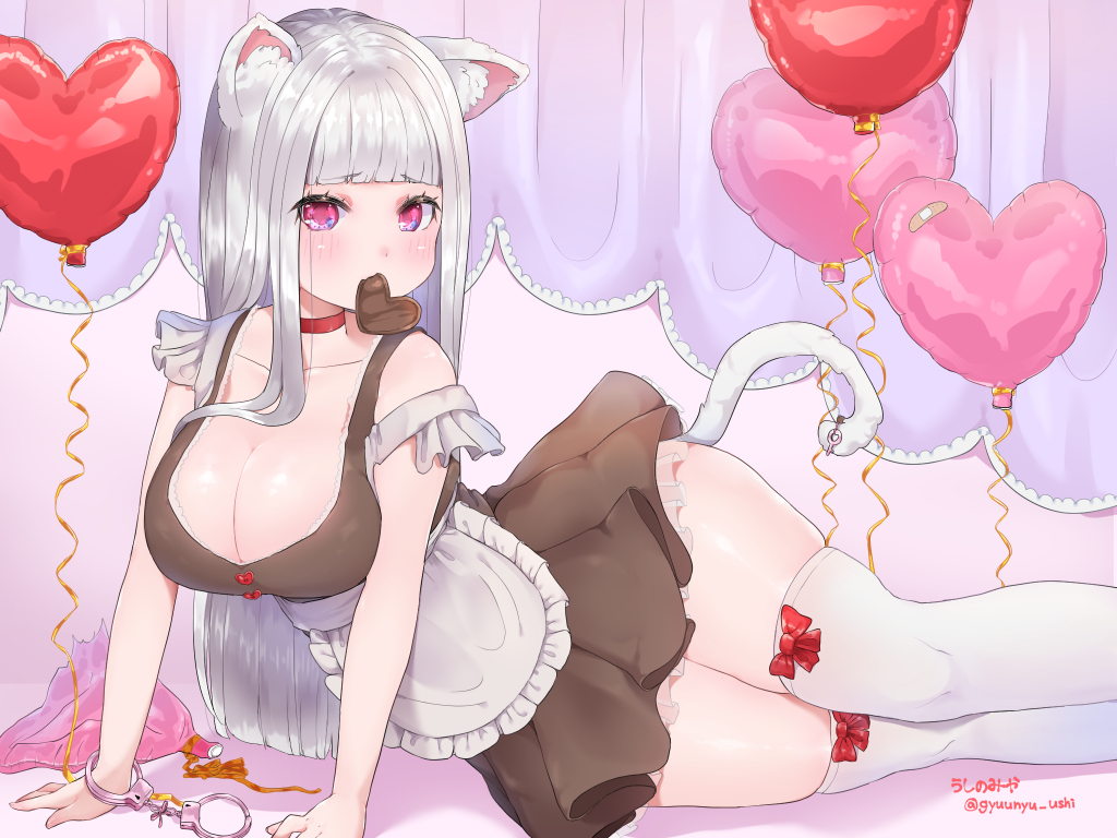 1girl, animal_ears, apron, balloon, bandaid, bare_arms, bare_shoulders, blunt_bangs, blush, bow, bow_legwear, breasts, candy, cat_ears, cat_tail, chocolate, chocolate_heart, choker, cleavage, collarbone, cuffs, curvy, female_focus, food, frilled_apron, frills, handcuffs, heart, heart_balloon, key, large_breasts, long_hair, looking_at_viewer, lying, mouth_hold, on_side, original, pink_eyes, purple_eyes, red_bow, silver_hair, skindentation, sleeveless, solo, tail, thighhighs, twitter_username, ushinomiya, valentine, white_thighhighs, wide_hips