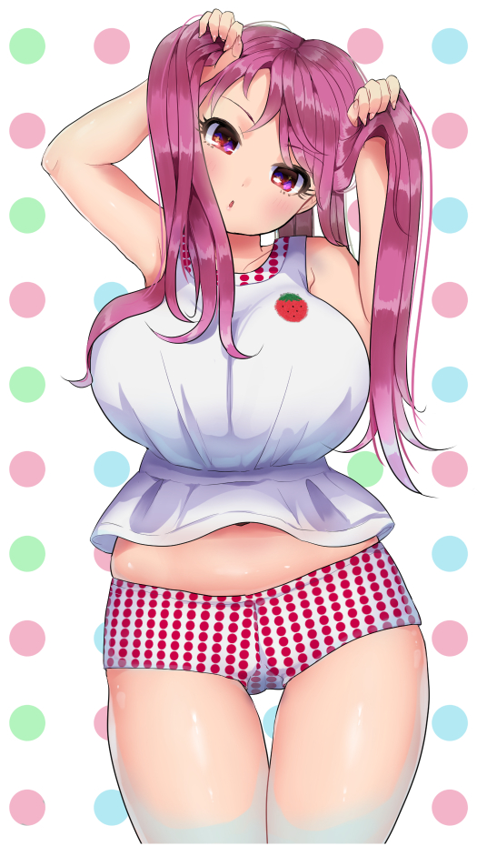 1girl, arms_up, bare_shoulders, blush, breasts, curvy, female_focus, head_tilt
