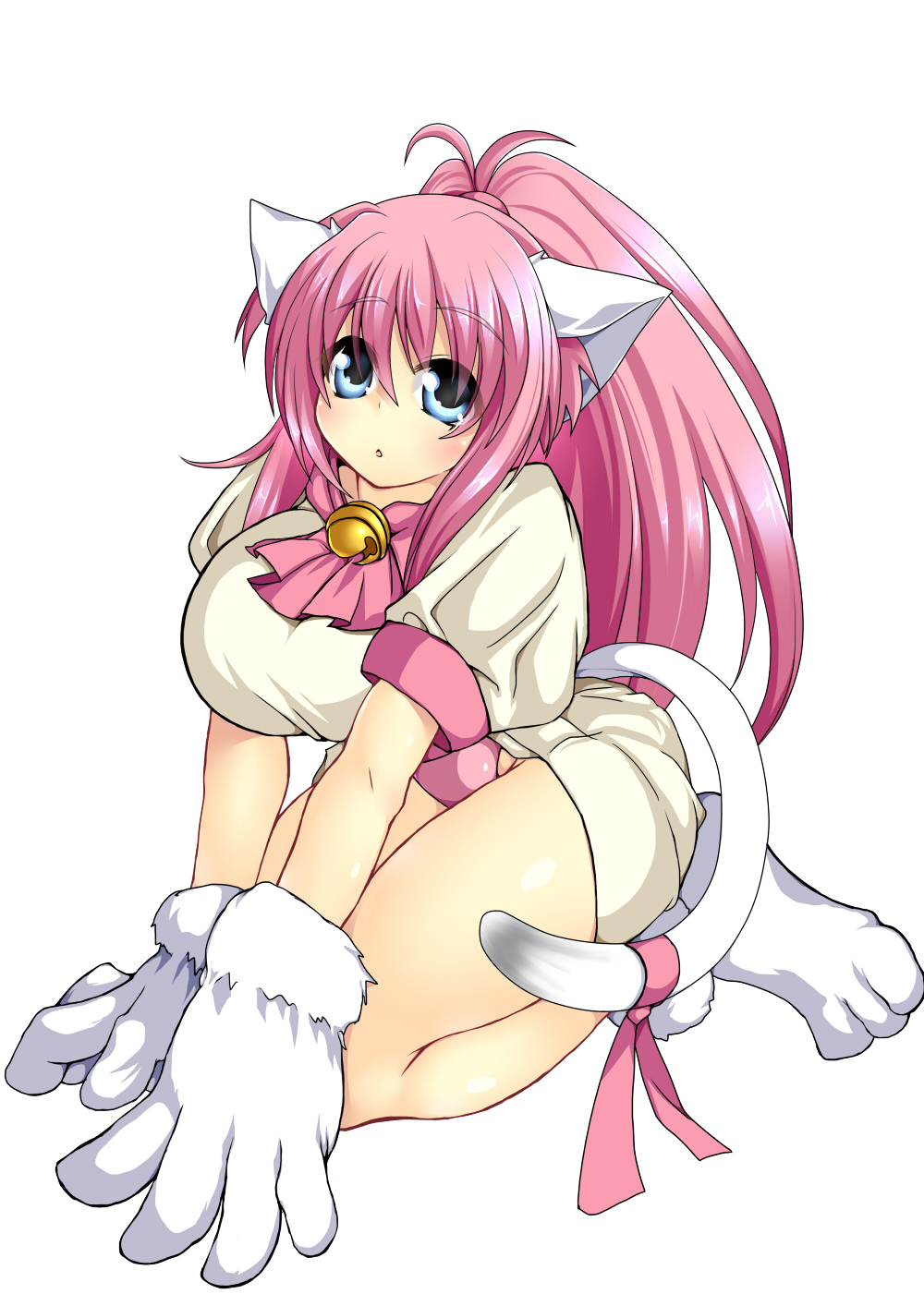 1girl, animal_ears, animal_hands, bell, blue_eyes, breasts, cat_ears, cat_paws, cat_tail, dress, female_focus, highres, jingle_bell, kneeling, large_breasts, long_hair, melody_sinclair, pink_hair, ponytail, rei_shabu, ribbon, simple_background, solo, tail, tail_ornament, tail_ribbon, v_arms, white_background, yuukyuu_gensoukyoku