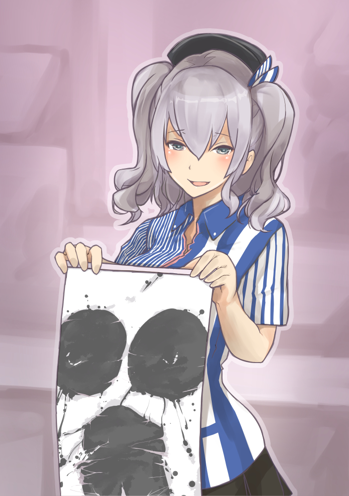 10s, 1girl, :d, bad_id, bad_pixiv_id, beret, black_skirt, collared_shirt, commentary, employee_uniform, female_focus, grey_eyes, hat, inkblot_test, kantai_collection, kashima_(kancolle), kashima_(lawson)_(kancolle), lawson, looking_at_viewer, open_mouth, pleated_skirt, shirt, silver_hair, skirt, smile, solo, striped_clothes, striped_shirt, twintails, wavy_hair, yamaioni_(sasakama)