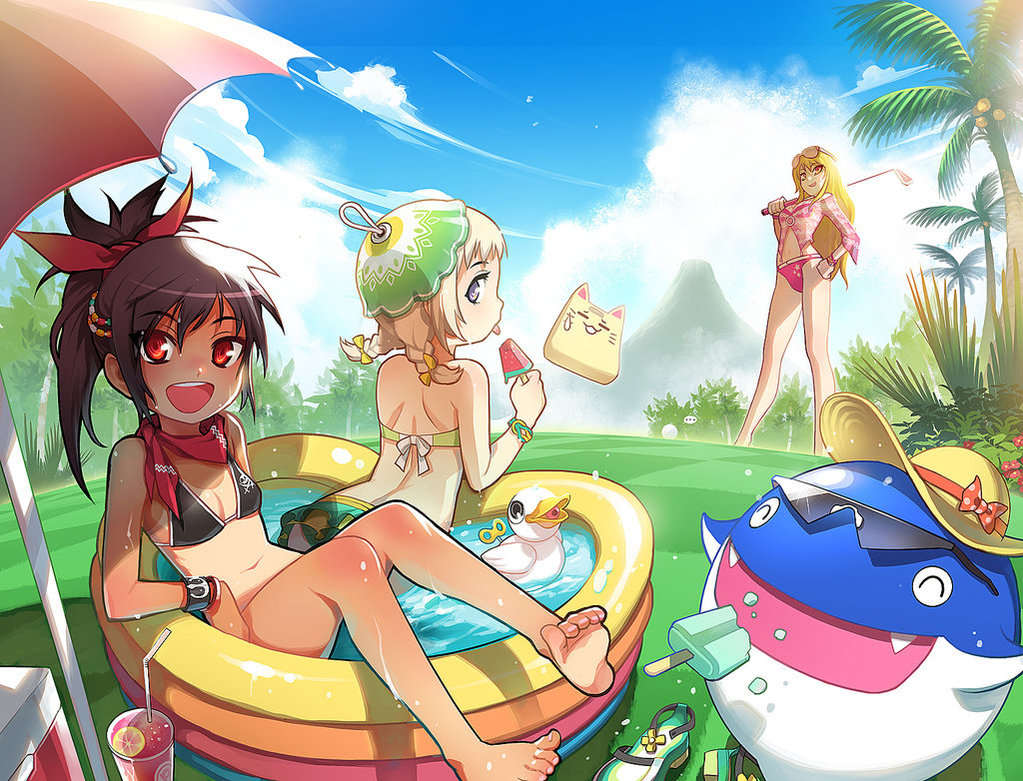 3girls, :d, bad_id, bad_pixiv_id, barefoot, bikini, black_hair, blonde_hair