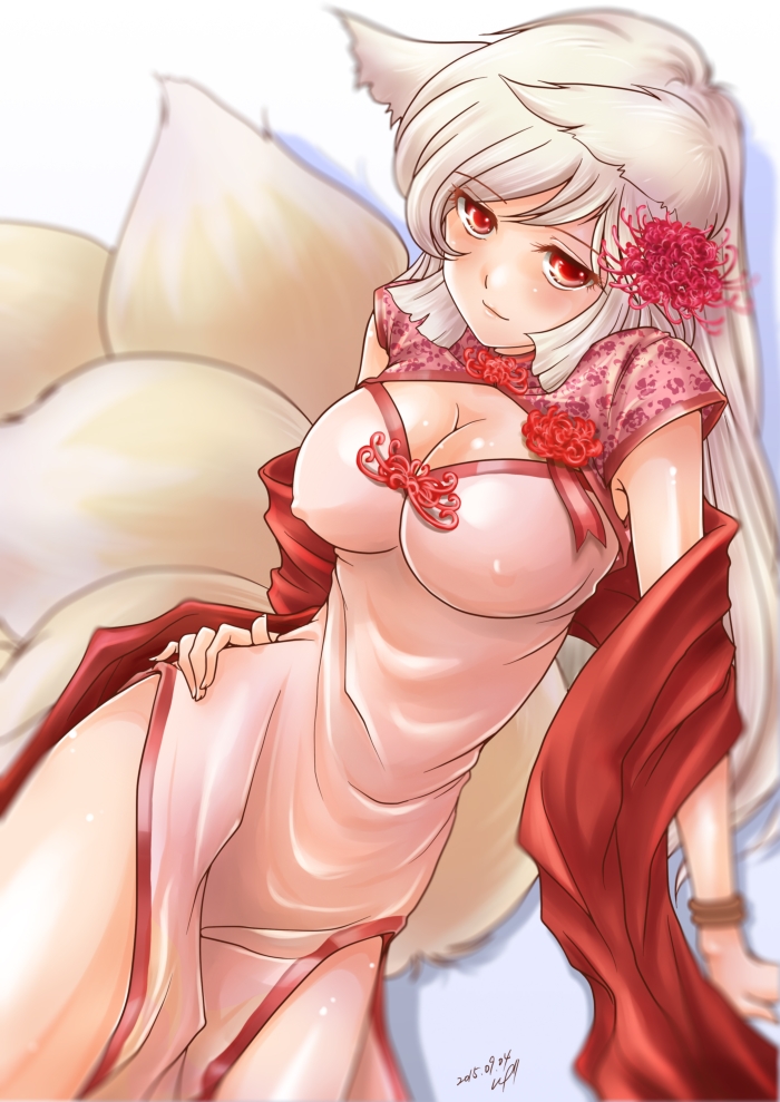 10s, 1girl, 2015, albino, animal_ears, blush, breasts, chengshu, china_dress, chinese_clothes, cleavage, cleavage_cutout, clothing_cutout, covered_erect_nipples, dated, dress, female_focus, flower, flower_knight_girl, fox_ears, fox_tail, hair_flower, hair_ornament, hand_on_own_hip, higanbana_(flower_knight_girl), kitsune, kyuubi, long_hair, looking_at_viewer, multiple_tails, name_connection, object_namesake, pink_dress, red_eyes, red_flower, sash, side_slit, signature, smile, solo, spider_lily, spider_lily_(flower_knight_girl), tail, white_background, white_hair