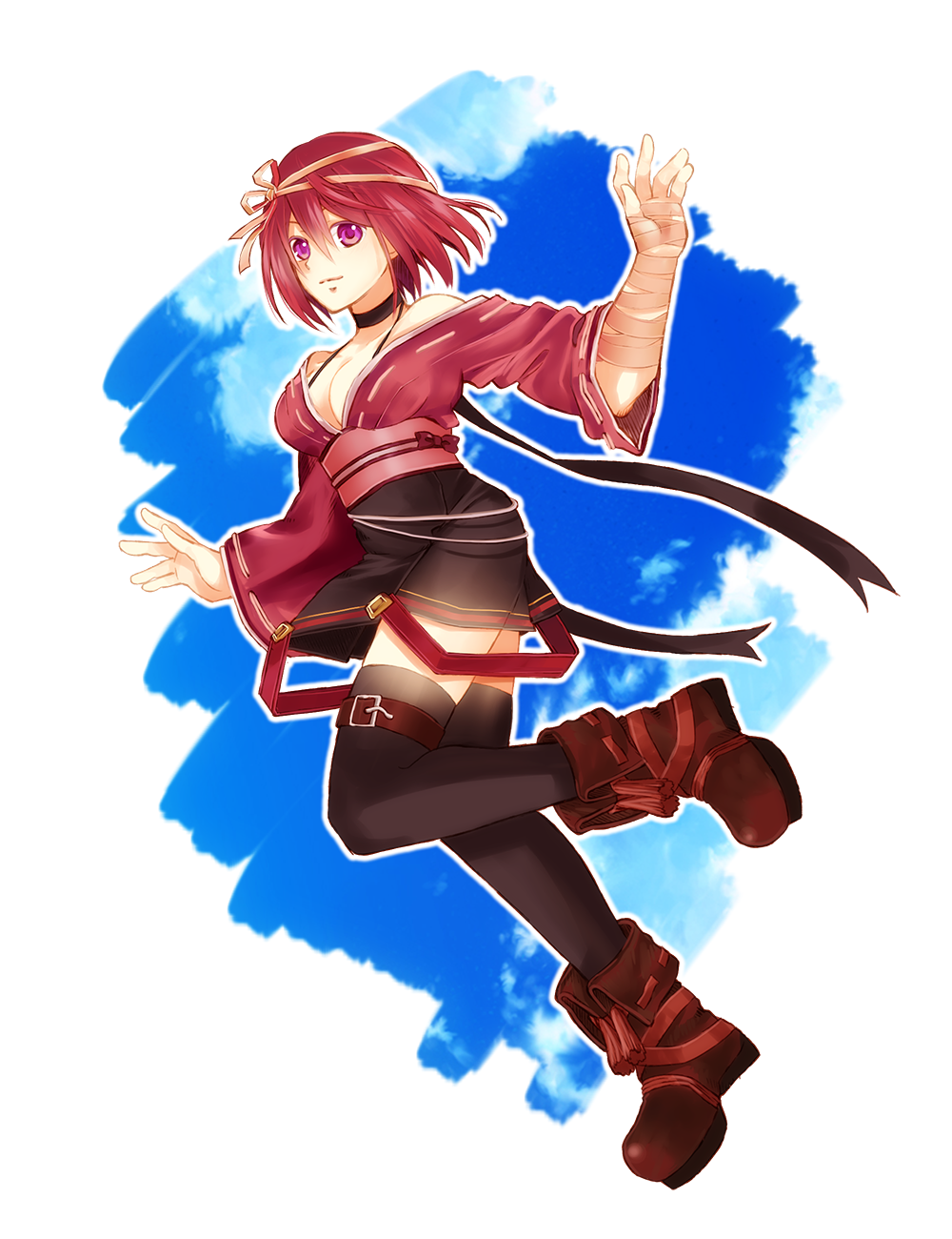 1girl, bad_id, bad_pixiv_id, bandages, black_skirt, black_thighhighs, blue_background, brown_shoes