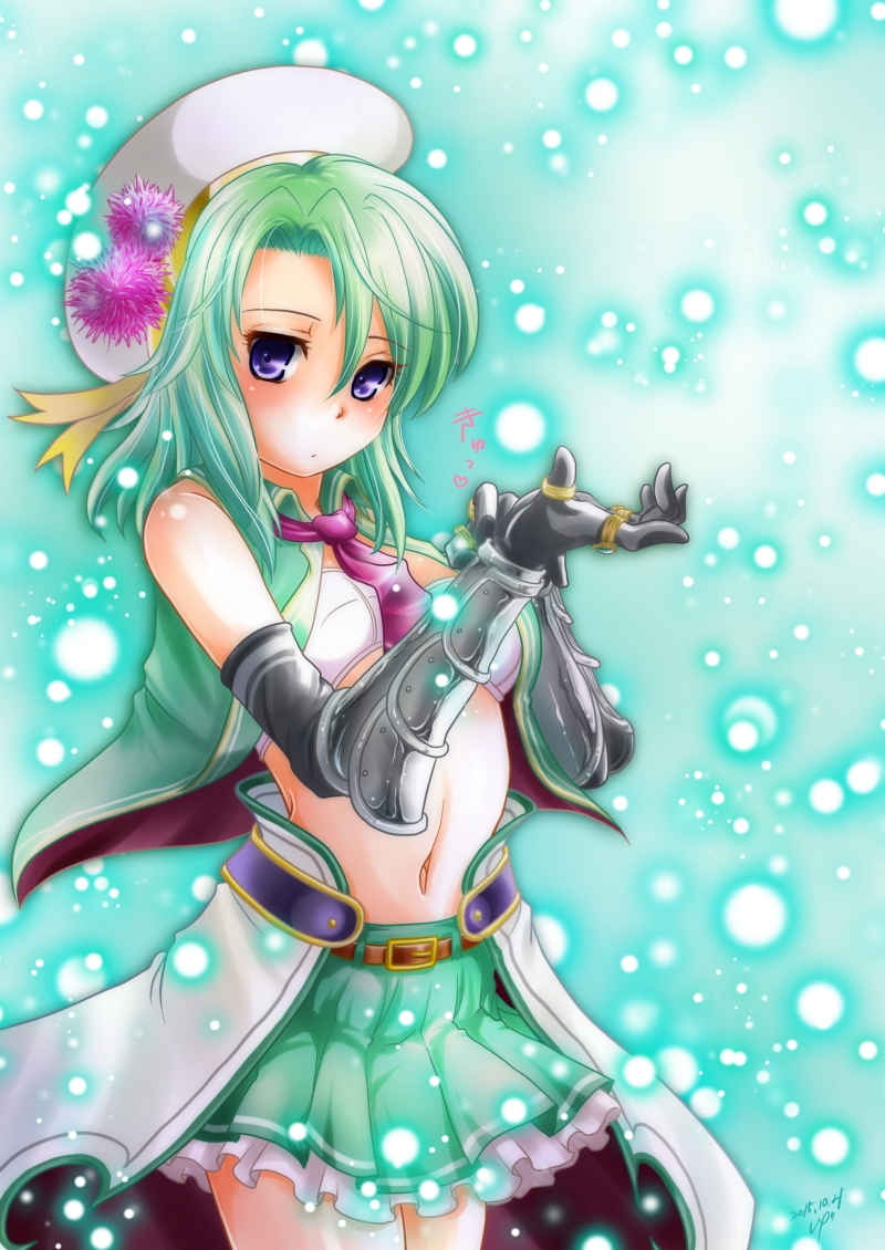 10s, 1girl, 2015, aqua_background, black_gloves, bra, cactus_(flower_knight_girl), chengshu